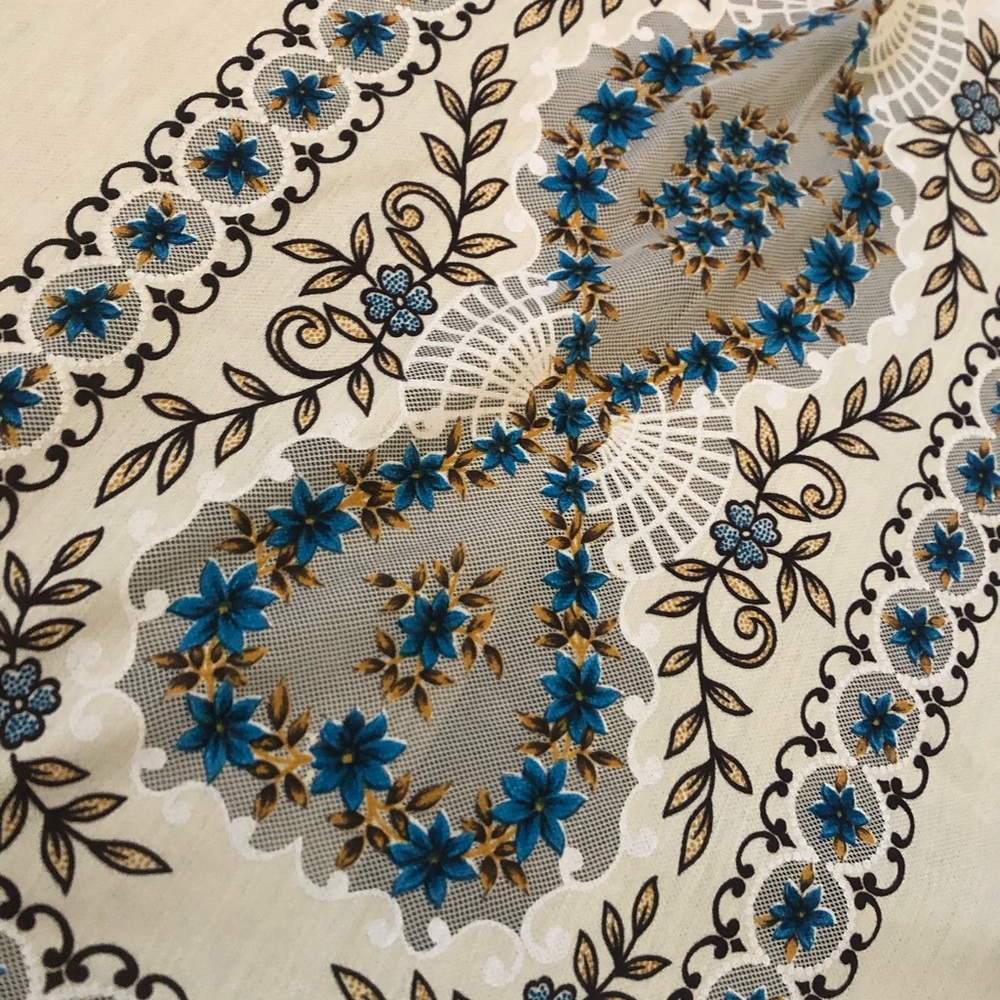Vintage Blue Floral Fringed Tablecloth | Mesh Lace Inserts